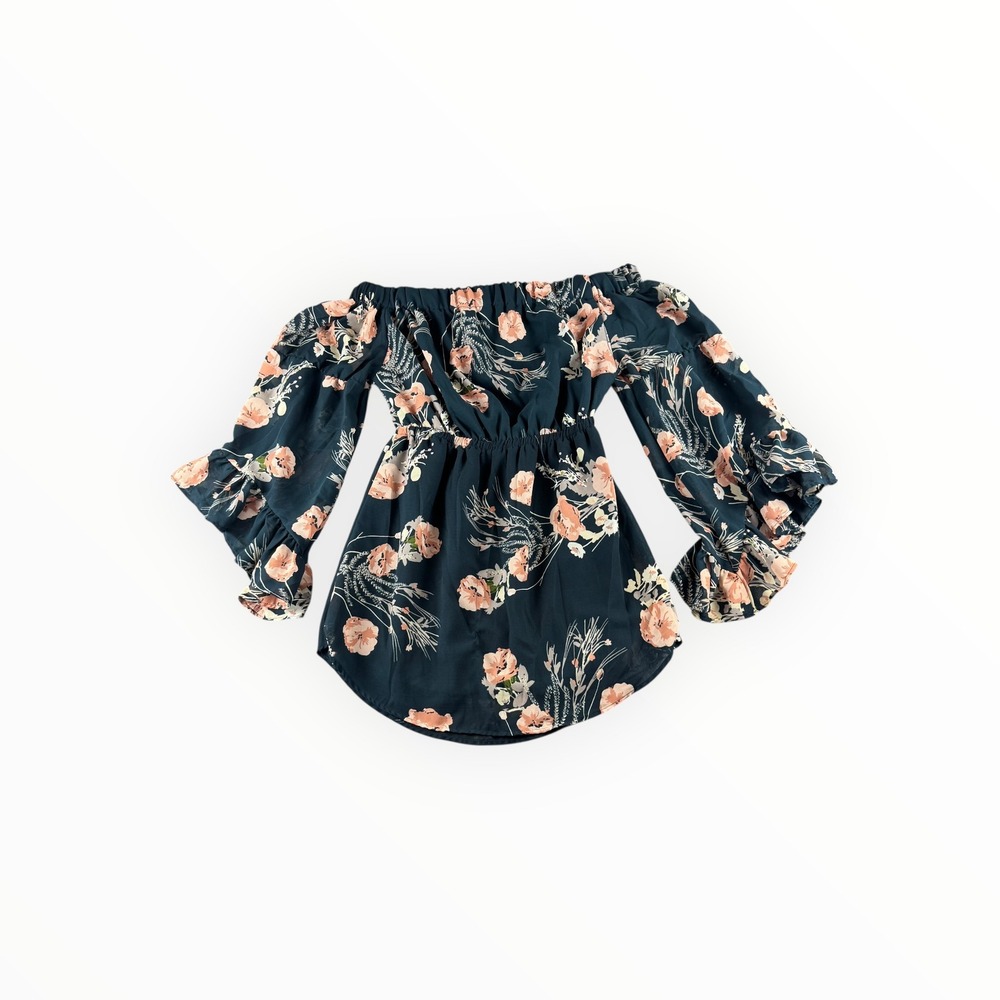 Indulge In Style Floral Off The Shoulder Ruffle Bell Sleeve Blouse Medium Navy